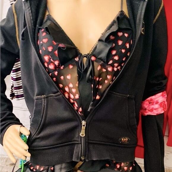 Black Lingerie W Pink Hearts OS Silky Sash Tie Ruffles Open Front Coquette - Picture 8 of 10